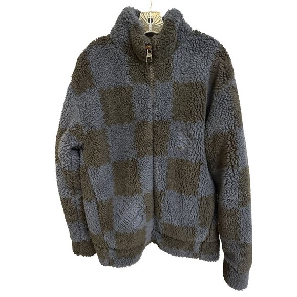 Louis Vuitton Mens Checkered Sherpa Fleece Jacket L Gray & Blue Made In Italy - Picture 8 of 16
